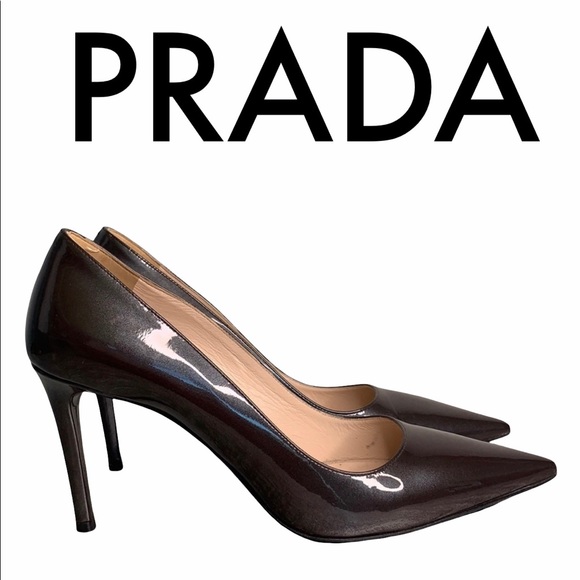 Prada Shoes - PRADA PEWTER GRAY PATENT LEATHER HEELS SIZE 7.5